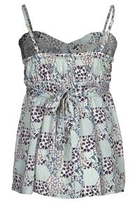 Blommigt mönstrad sommarklänning i ljusblått och vitt, med en figursydd överdel, justerbara axelband och en knytning i midjan.
