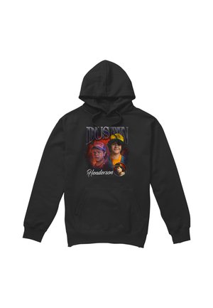 Black hoodie with three images of a boy wearing hats and the text "Dustin Henderson" on the front.