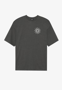 Gray cotton T-shirt with a loose fit, featuring a white sun graphic on the left chest area. Short sleeves and round neck design.