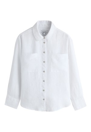Weißes langärmeliges Hemd mit Knopfleiste, zwei Brusttaschen, klassischem Kragen und sichtbaren Knöpfen vorne.
