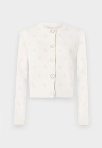 White cardigan with a textured diamond pattern, featuring six polished buttons and ribbed cuffs. Material appears soft and lightweight.