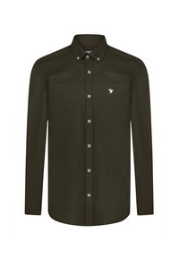 Camisa de mangas largas color verde oscuro con cuello abotonado, botones en el frente y un pequeño logo de un pájaro bordado en el lado izquierdo del pecho. Textura suave.