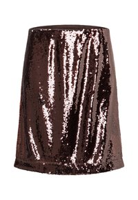 Dunkelbrauner Minirock, vollständig mit glänzenden Pailletten bedeckt, mit geradem Saum und hoher Taille.