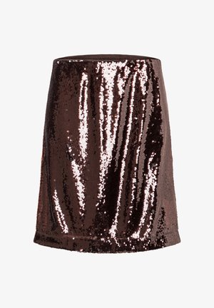 Dunkelbrauner Minirock, vollständig mit glänzenden Pailletten bedeckt, mit geradem Saum und hoher Taille.