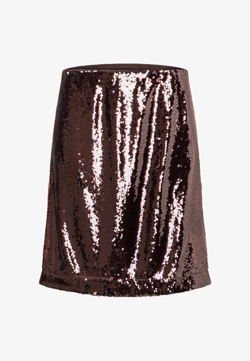 Dunkelbrauner Minirock, vollständig mit glänzenden Pailletten bedeckt, mit geradem Saum und hoher Taille.