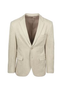 Beige blazer van zacht stof, met een enkele knoopsluiting, ingesneden revers en twee voorzakken. Binnenkant gevoerd in een lichtere tint.