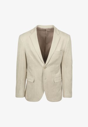 Beige blazer van zacht stof, met een enkele knoopsluiting, ingesneden revers en twee voorzakken. Binnenkant gevoerd in een lichtere tint.