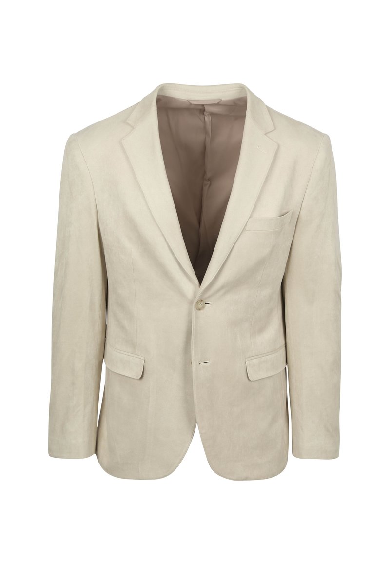 Beige blazer van zacht stof, met een enkele knoopsluiting, ingesneden revers en twee voorzakken. Binnenkant gevoerd in een lichtere tint.