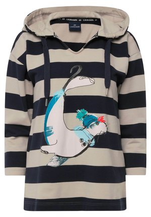 Pruhovaná mikina v béžové a námořnické modři, s hravým grafickým motivem postavy v modré a červené čepici. Bavlněná směs, s výstřihem do V a šňůrkami.