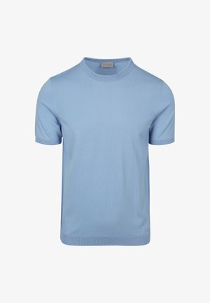 Blauwe gebreide trui met korte mouwen, ronde hals, gladde textuur, ribgebreide manchetten en zoom. Kenmerkt zich door een subtiele glans en een minimalistisch ontwerp.