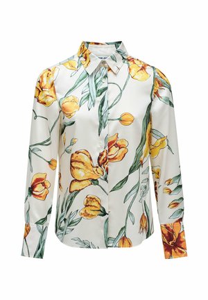 Floral blouse featuring a collared neckline, long sleeves, and a white background. Decorated with yellow tulip patterns and green leaves.