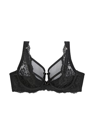 Soutien-gorge en dentelle noire avec panneaux en mesh transparent, bonnets à armatures et motifs floraux délicats le long des bretelles et de la bande, photographié sur fond blanc.