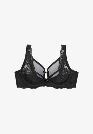 Soutien-gorge en dentelle noire avec panneaux en mesh transparent, bonnets à armatures et motifs floraux délicats le long des bretelles et de la bande, photographié sur fond blanc.
