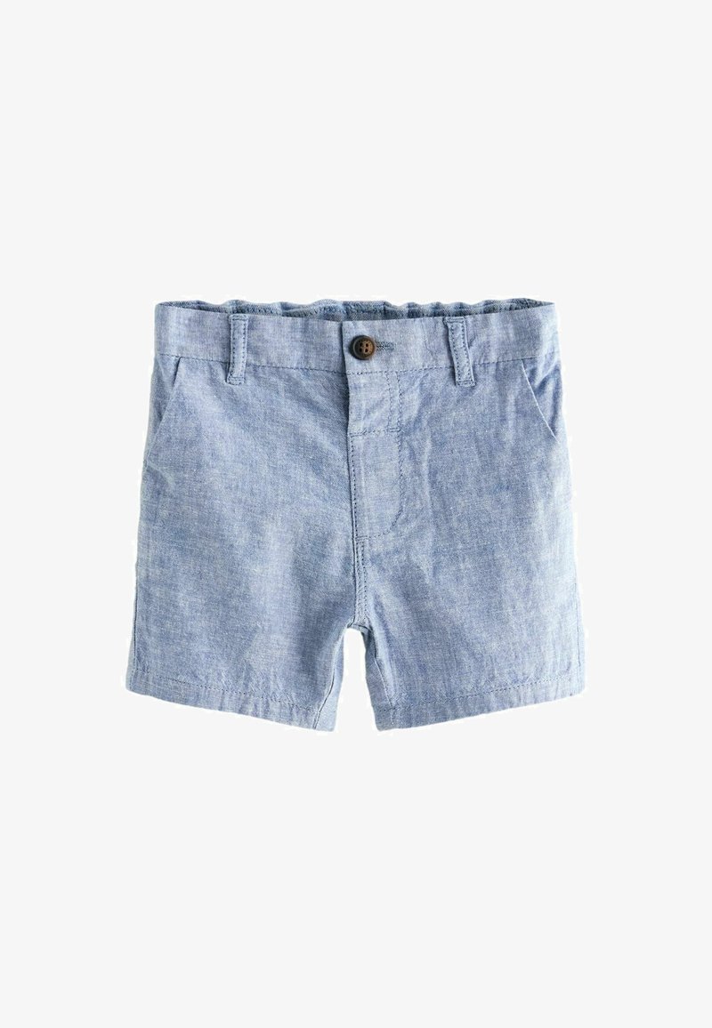 Helles blaues Chambray-Shorts mit flachem Bund, zwei Seitentaschen, einem braunen Knopf und einem elastischen Bund für mehr Komfort.