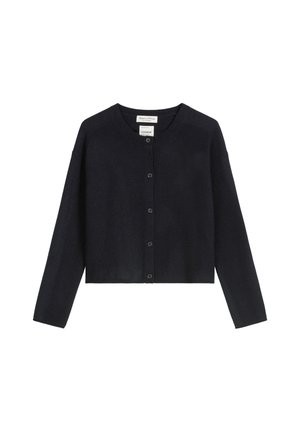 Cardigan in cashmere navy scuro con scollo rotondo, maniche lunghe e chiusura con bottoni frontale. Caratterizzato da una consistenza morbida e un design cropped.