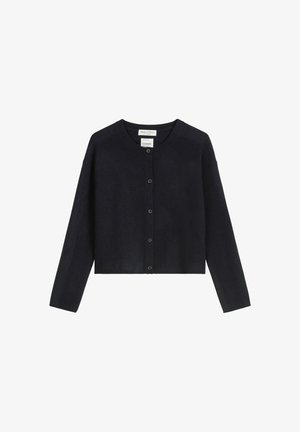 Ciemnoniebieski kardigan z kaszmiru z okrągłym dekoltem, długimi rękawami i zapięciem na guziki z przodu. Charakteryzuje się miękką teksturą i skróconym krojem.
