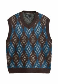 Ärmellose Weste mit V-Ausschnitt in Braun, Blau und Creme im Rautenmuster. Aus strukturiertem Wollmix mit geripptem Saum und Armöffnungen.