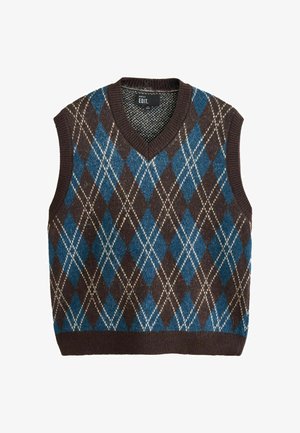 V-hals ærmeløs vest i brun, blå og creme argyle mønster. Tekstureret uldblanding med ribbet kant og ærmegab.