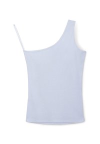 Top in cotone a costine di colore azzurro chiaro, con una sola spallina, design aderente e texture liscia; cuciture minime e senza chiusure visibili.