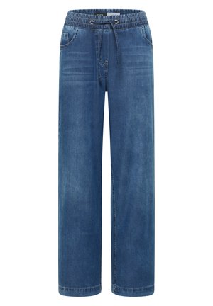 Pantalon en jean large bleu avec taille élastique, fermeture à cordon et poches avant, présenté sur fond blanc.