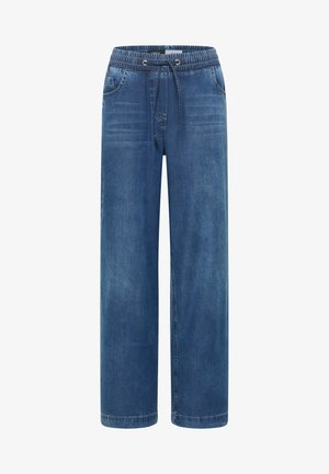 Niebieskie spodnie dżinsowe z szerokimi nogawkami, elastycznym pasem, sznurkiem do zapięcia i przednimi kieszeniami, pokazane na białym tle.