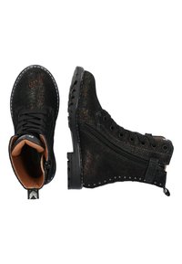 Black ankle boots with a glitter finish, fabric upper, round toe, and side zipper. Features stud accents along the sole.
