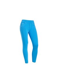 Leggings blu con una superficie liscia, dotati di due tasche frontali, cuciture decorative e una cintura ampia. Realizzati in materiale elasticizzato.