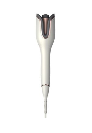 Lockenstab mit einem weißen Gehäuse, Roségold-Akzenten und einem strukturierten Griff. Das Heizrohr hat ein einzigartiges offenes Design zum Locken der Haare.