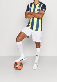 Niecka piłkarska w niebiesko-żółte paski, białe spodenki, białe skarpetki i korki. Zawodnik stoi na pomarańczowo-czarnej piłce do piłki nożnej z wzorem.