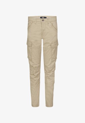 Beżowe spodnie cargo wykonane z wytrzymałego materiału, z wieloma bocznymi kieszeniami oraz dopasowanym krojem z zapięciem na guzik w talii.