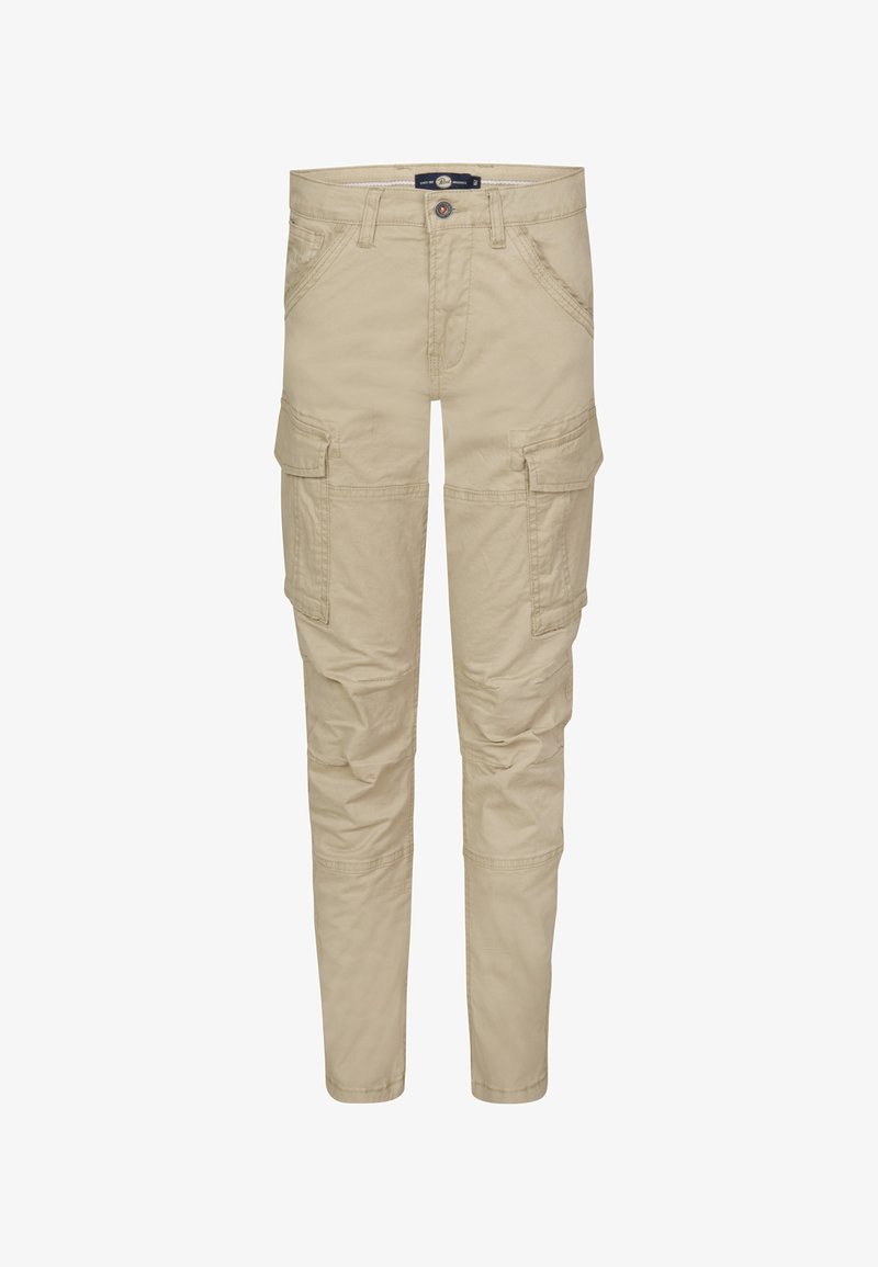 Beige cargobroek gemaakt van duurzaam materiaal, met meerdere zijzakken en een getailleerd ontwerp met een knoopsluiting aan de taille.