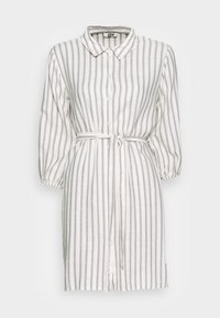Collared button-up shirt dress in white and gray vertical stripes. Features long, puffed sleeves and a matching belted waist.