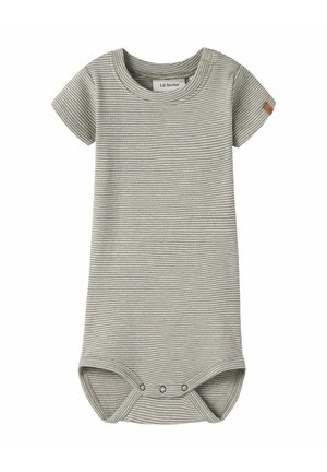 Grijs-wit gestreepte babyromper met korte mouwen, ronde hals en drukknopen bij het kruis, gemaakt door Lil’ Atelier.