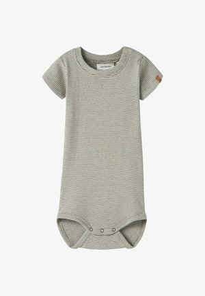 Grijs-wit gestreepte babyromper met korte mouwen, ronde hals en drukknopen bij het kruis, gemaakt door Lil’ Atelier.