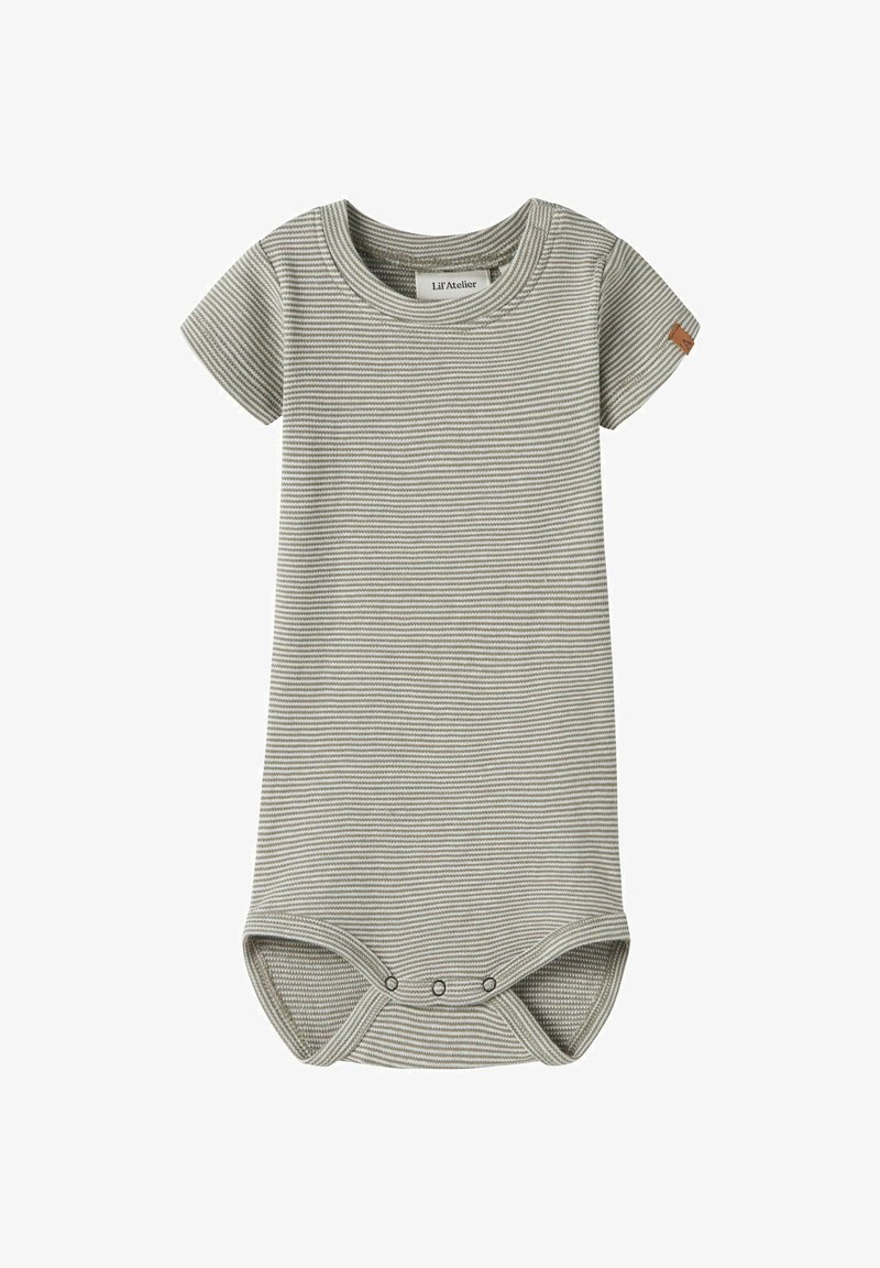Body pour bébé à manches courtes, rayé gris et blanc, avec col rond et boutons-pression à l'entrejambe, fabriqué par Lil’ Atelier.