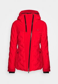 Giacca imbottita rossa con motivo trapuntato, caratterizzata da un colletto alto, chiusura con zip completa e due tasche laterali. Realizzata in materiale sintetico.