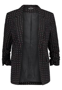 Black blazer featuring a textured fabric with white and pink polka dots, single-button closure, and notch lapels. No visible pockets.