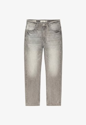 Jeans grigi sbiaditi a gamba dritta con cinque tasche, chiusura con bottoni e sottili effetti whiskering sulle cosce anteriori.