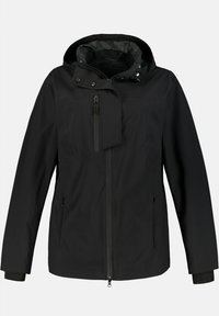 Zwarte waterdichte jas met capuchon, ritssluiting aan de voorkant en twee zijzakken. Heeft een gladde textuur en verstelbare manchetten.