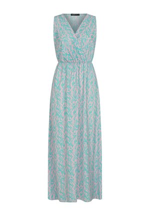 Türkise V-kaelusega, ilma varrukateta maksimekord, millel on roosa abstraktne muster. Omab elastset vööd ja voolavat seeliku disaini.