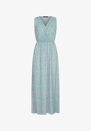 Türkise V-kaelusega, ilma varrukateta maksimekord, millel on roosa abstraktne muster. Omab elastset vööd ja voolavat seeliku disaini.