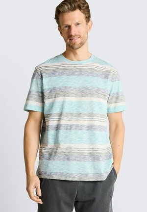 Man die een lichtblauw, grijs en wit gestreept T-shirt met korte mouwen draagt, staand met één hand in zijn zak tegen een effen achtergrond.