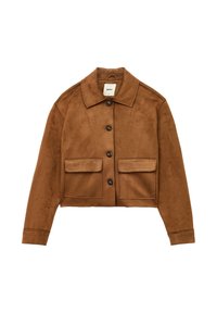 Giacca cropped in finta suede marrone con collo, sei bottoni e due tasche a toppa frontali. Texture liscia, design semplice.