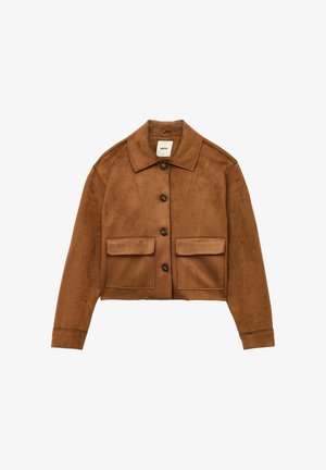 Giacca cropped in finta suede marrone con collo, sei bottoni e due tasche a toppa frontali. Texture liscia, design semplice.