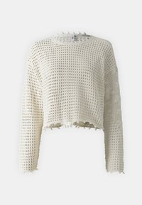 Maglione cropped all'uncinetto in bianco sporco. Presenta maniche lunghe, un motivo testurizzato e bordi grezzi lungo l'orlo e il colletto.