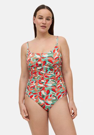 Bañador con un patrón floral multicolor en rojo, verde y aqua. El diseño presenta un escote redondeado y tirantes ajustables con los lados fruncidos.