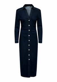 Robe chemise en denim foncé avec manches longues, col et boutons blancs sur le devant ; taille cintrée avec léger froncée sur les côtés.