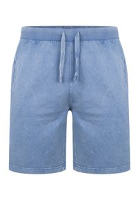 Pantaloni corti azzurri realizzati in tessuto morbido, dotati di un elastico a coste in vita con coulisse e tasche laterali. Texture liscia con una leggera sfumatura.