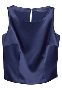 Navy blue satin top with a round neckline and a small back cutout. Features a smooth texture and tailored shape with front seams.