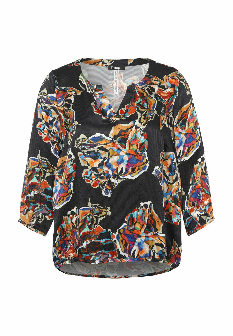 Schwarzes Oberteil mit lockerem Schnitt, verziert mit bunten Blumenmustern in Orange, Blau und Creme. Dreiviertelärmel und V-Ausschnitt.